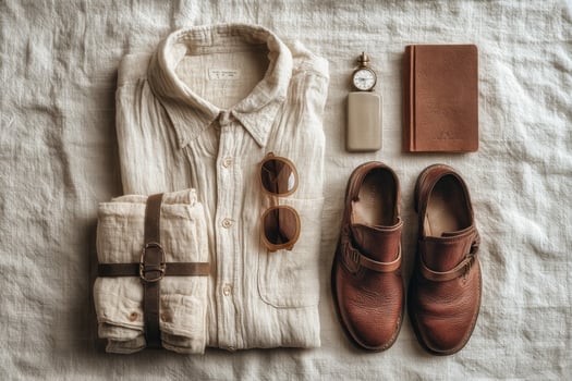 A man's clothing laid out on a bed photo