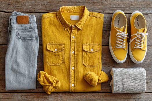Yellow shirt, jeans, sneakers and a yellow shirt photo