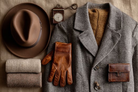 A hat, gloves, and a coat are laid out on a table photo