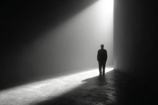 Man standing in dark room with light coming from the end photo