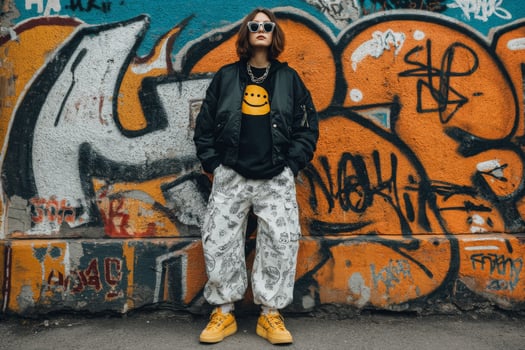 A man in a black shirt and yellow sneakers stands in front of graffiti photo