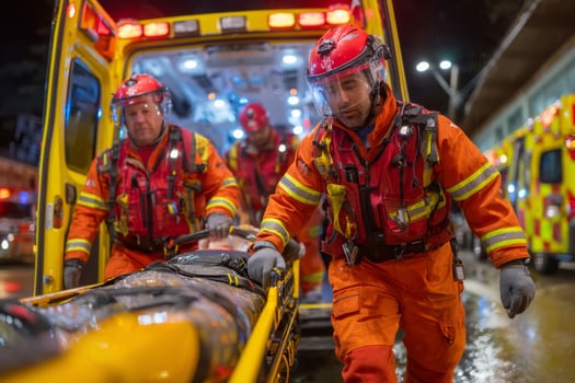Emergency services personnel in orange uniforms carrying a patient on a stretcher photo