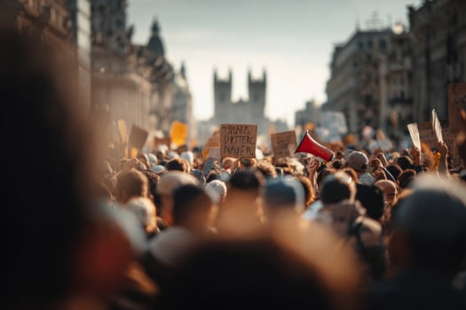 A crowd of people holding signs in a city photo