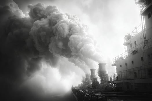 Black and white photo of smoke coming out of a ship