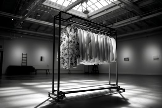 A rack of clothes in an empty room photo