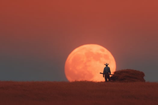 A man with a hat and a large red moon in the background photo