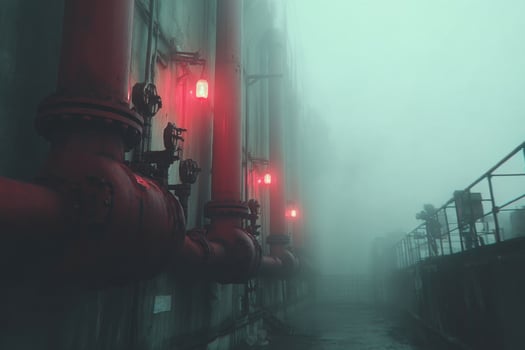 A dark alley with red lights on the pipes photo