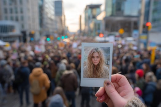 A person holding up a polaroid photo of a woman