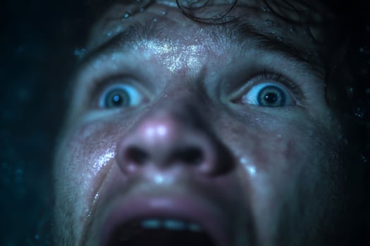 A man is looking up at the camera while underwater photo