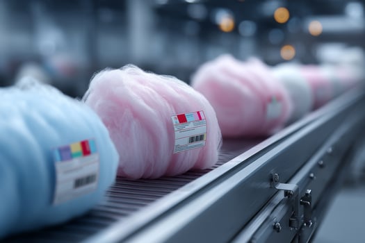 Cotton candy on a conveyor belt in a factory photo