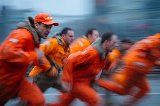 A group of men in orange uniforms running photo