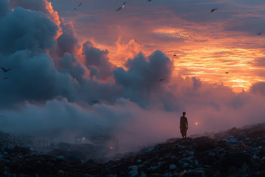 A man stands on top of a hill with garbage and birds flying above photo