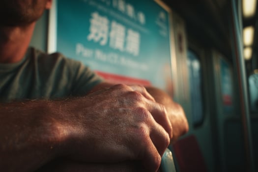 A man sitting on a subway train with his hands on his knees photo