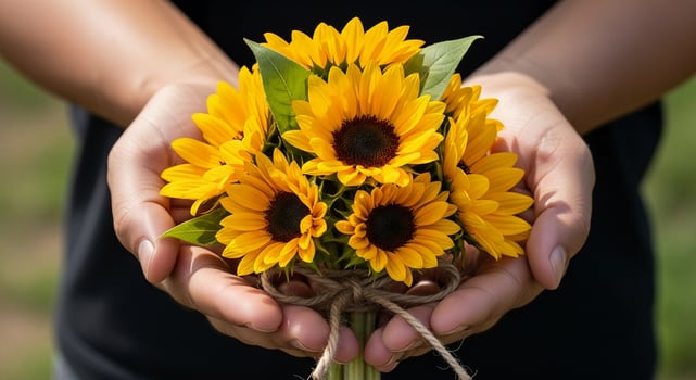 A person holding a bunch of sunflowers photo