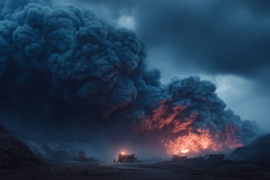 A coal mine is burning in the dark with smoke billowing out photo