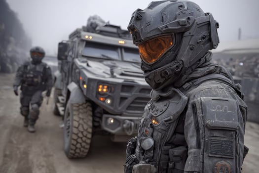 A man in a helmet and armor standing next to a vehicle photo