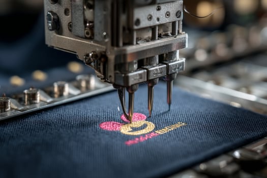 A sewing machine is stitching a logo onto a shirt photo