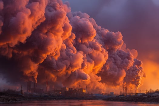 Smoke billows from a factory at sunset photo