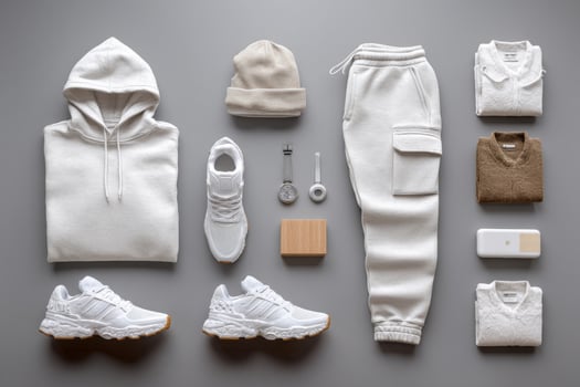 White clothing and accessories laid out on a gray background photo