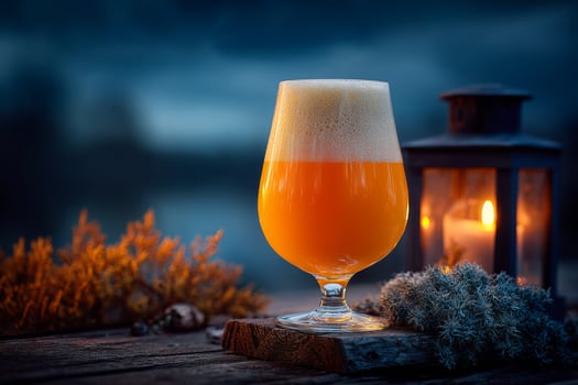 A glass of beer sitting on a wooden table photo