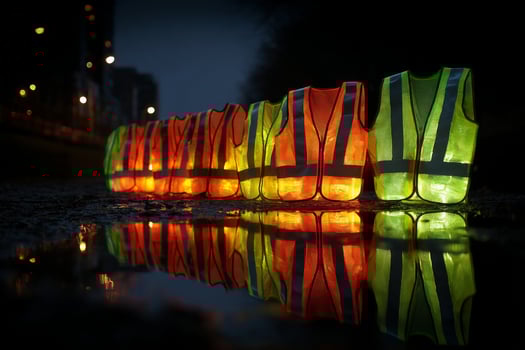 A row of reflective vests on the ground photo