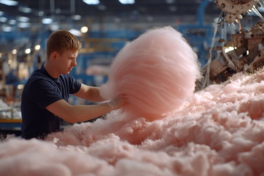A man is working on a large pink cotton ball photo