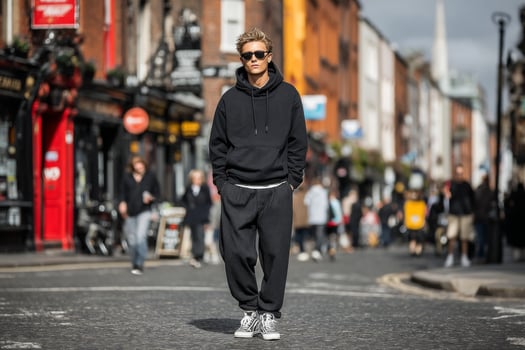 A man in black sweatshirt and sunglasses standing on a street photo