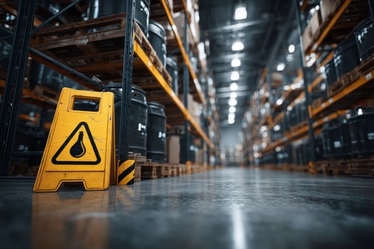 A yellow caution sign is sitting on the floor in a warehouse photo
