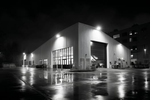 A black and white photo of a large warehouse