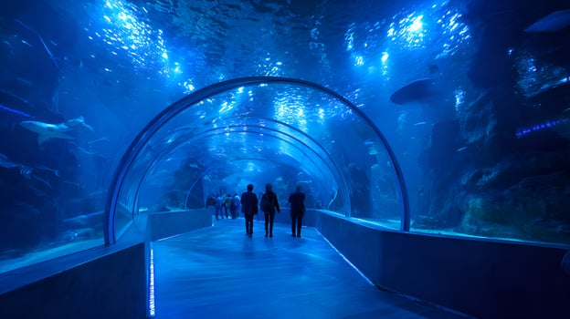 Tourists walking in underwater tunnel at aquarium, exploring marine life photo
