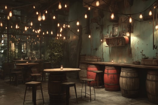 A bar with wooden barrels and stools photo