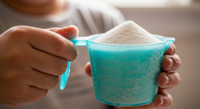 A person holding a measuring cup with sugar in it photo