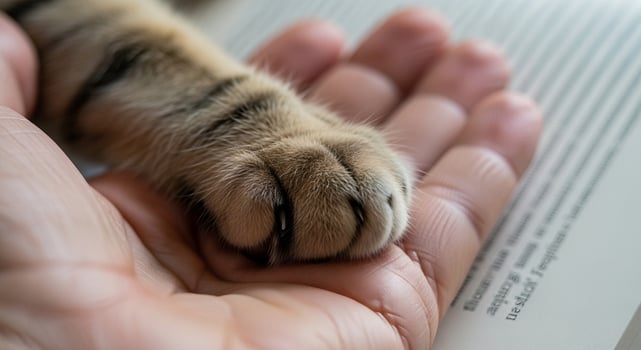 A person holding a cat's paw with a book photo