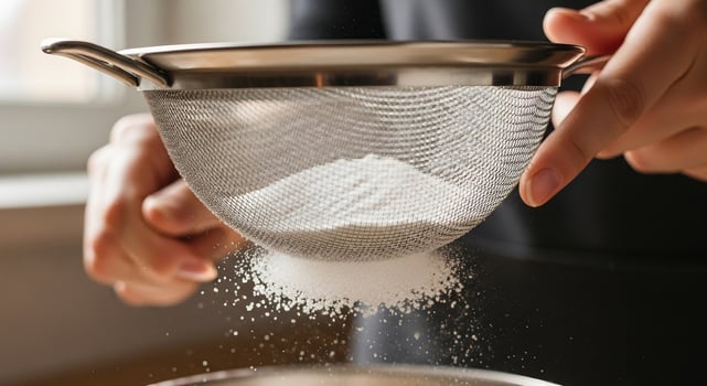 A person is pouring sugar into a strainer photo