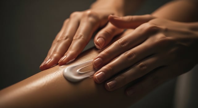 A woman's hands are applying cream to her leg photo
