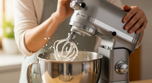 A woman is mixing a bowl with a mixer photo