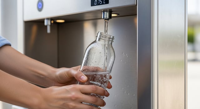 A person is filling a bottle with water from a water dispenser photo