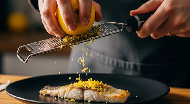 A person grating lemon on a fish photo