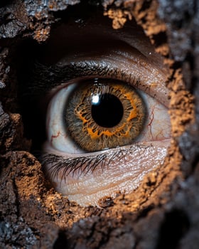 Intense eye peers through textured, organic hole photo