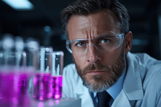 Intense scientist examines purple liquid in laboratory glassware photo