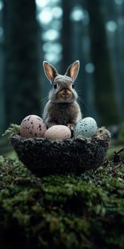 Adorable bunny with speckled eggs in mossy nest photo