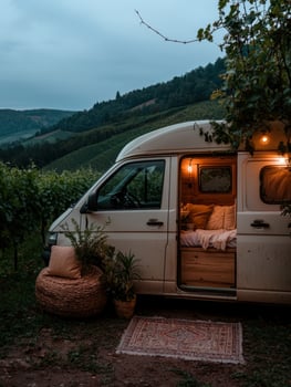 Cozy camper van in vineyard at dusk photo