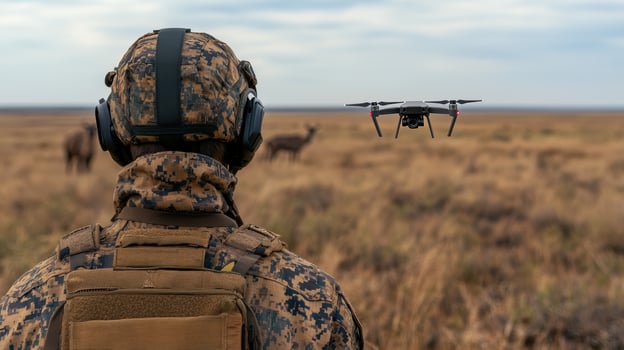 Camo clad man watching drone over grassy field photo