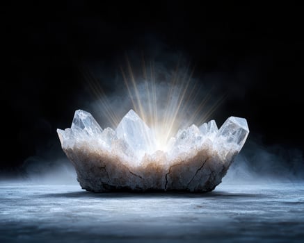 Luminous quartz crystal cluster radiating light on dark background photo