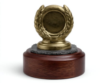 Elegant golden laurel wreath trophy on wooden base photo