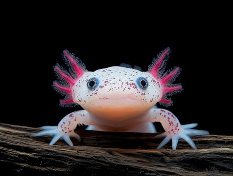 Albino axolotl salamander with pink gills on wood photo