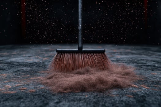 Broom sweeping up dust on dark textured surface photo
