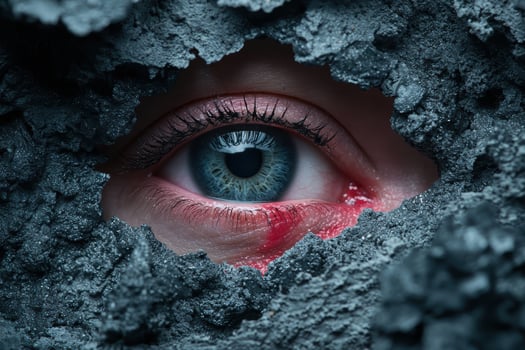 Disturbing eye peers through a cracked, dark surface photo