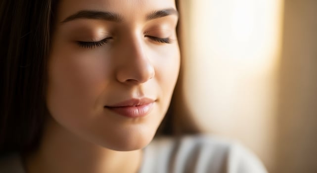 A woman with her eyes closed and her eyes closed photo