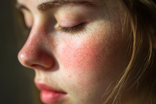 Gentle Close Up Portrait of a Young Woman's Face with Freckles. photo